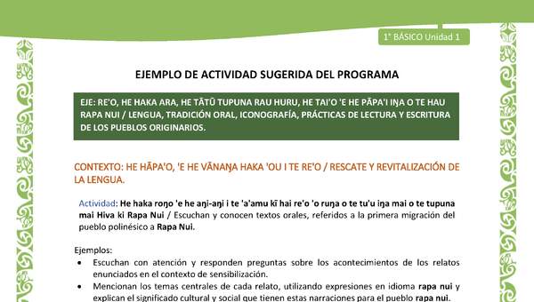 Actividad sugerida LC01 - Rapa Nui - U1 - N°05: Escuchan y conocen textos orales, referidos a la primera migración del pueblo polinésico a Rapa Nui.