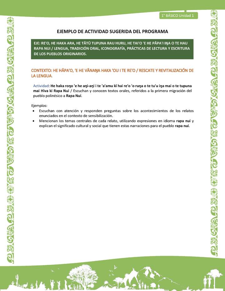 Actividad sugerida LC01 - Rapa Nui - U1 - N°05: Escuchan y conocen textos orales, referidos a la primera migración del pueblo polinésico a Rapa Nui.