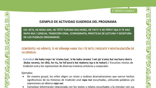 Actividad sugerida LC01 - Rapa Nui - U1 - N°08:  Escuchan relatos de tradición oral y los representan de diversas maneras artísticas y corporales.