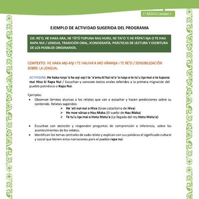 Actividad sugerida LC01 - Rapa Nui - U1 - N°01: Escuchan y conocen textos orales referidos a la primera migración del pueblo polinésico a Rapa Nui.