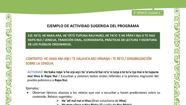 Actividad sugerida LC01 - Rapa Nui - U1 - N°01: Escuchan y conocen textos orales referidos a la primera migración del pueblo polinésico a Rapa Nui.