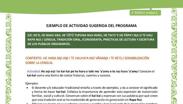 Actividad sugerida LC01 - Rapa Nui - U1 - N°03: Conocen el kai-kai como una forma de contar historias, cuentos y sucesos.