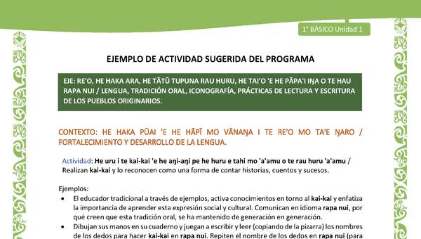 Actividad sugerida LC01 - Rapa Nui - U1 - N°11: Realizan kai-kai y lo reconocen como una forma de contar historias, cuentos y sucesos.