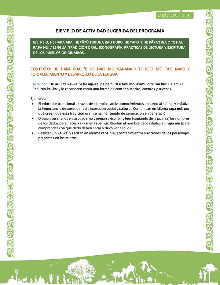 Actividad sugerida LC01 - Rapa Nui - U1 - N°11: Realizan kai-kai y lo reconocen como una forma de contar historias, cuentos y sucesos.