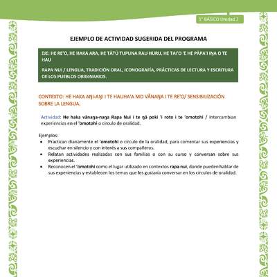 Actividad sugerida LC01 - Rapa Nui - U2 - N°17: Intercambian experiencias en el 'omotohi o círculo de oralidad.