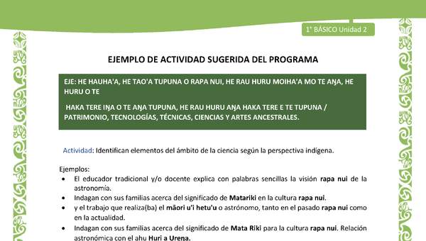 Actividad sugerida LC01 - Rapa Nui - U2 - N°41: Identifican elementos del ámbito de la ciencia según la perspectiva indígena.