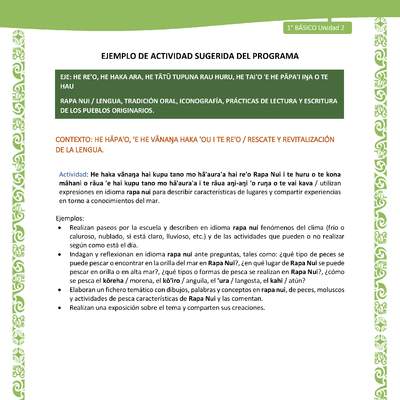 Actividad sugerida LC01 - Rapa Nui - U2 - N°23: utilizan expresiones en idioma rapa nui para describir características de lugares y compartir experiencias en torno a conocimientos del mar.