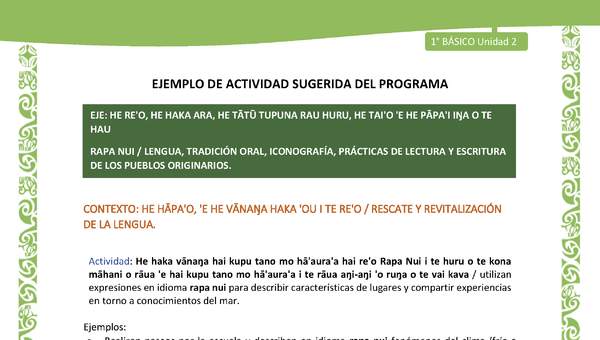 Actividad sugerida LC01 - Rapa Nui - U2 - N°23: utilizan expresiones en idioma rapa nui para describir características de lugares y compartir experiencias en torno a conocimientos del mar.