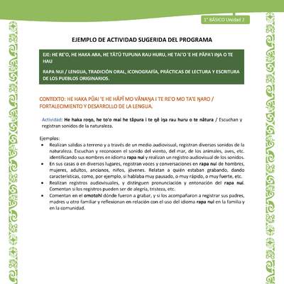 Actividad sugerida LC01 - Rapa Nui - U2 - N°30: Escuchan y registran sonidos de la naturaleza.