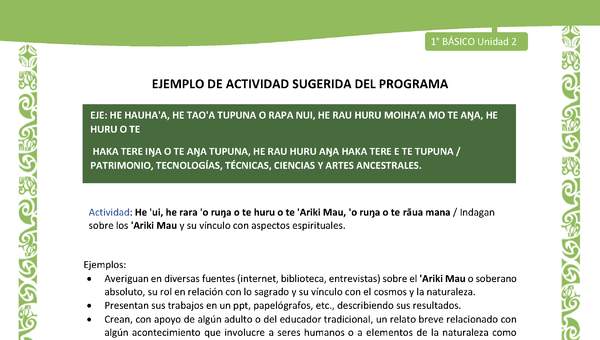 Actividad sugerida LC01 - Rapa Nui - U2 - N°40: Indagan sobre los 'Ariki Mau y su vínculo con aspectos espirituales.