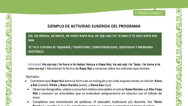 Actividad sugerida LC01 - Rapa Nui - U2 - N°33: Reconocen la forma de Rapa Nui y conocen sobre los volcanes que existen.