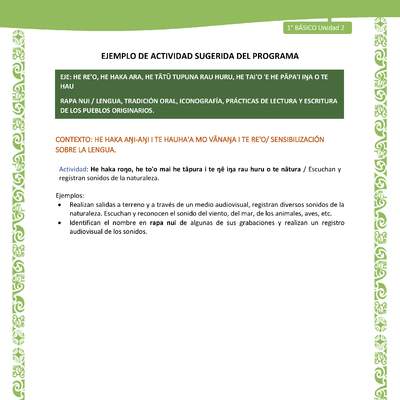 Actividad sugerida LC01 - Rapa Nui - U2 - N°19:  Escuchan y registran sonidos de la naturaleza.