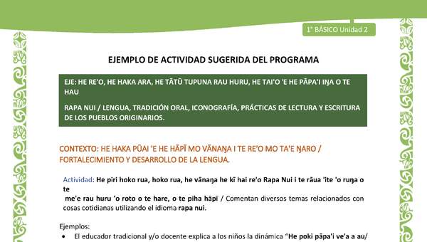 Actividad sugerida LC01 - Rapa Nui - U2 - N°29: Comentan diversos temas relacionados con cosas cotidianas utilizando el idioma rapa nui.