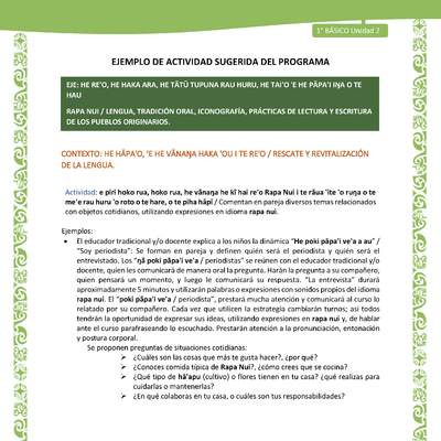 Actividad sugerida LC01 - Rapa Nui - U2 - N°24: Comentan en pareja diversos temas relacionados con objetos cotidianos, utilizando expresiones en idioma rapa nui.