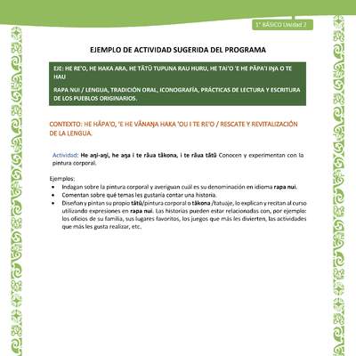 Actividad sugerida LC01 - Rapa Nui - U2 - N°27:  Conocen y experimentan con la pintura corporal.