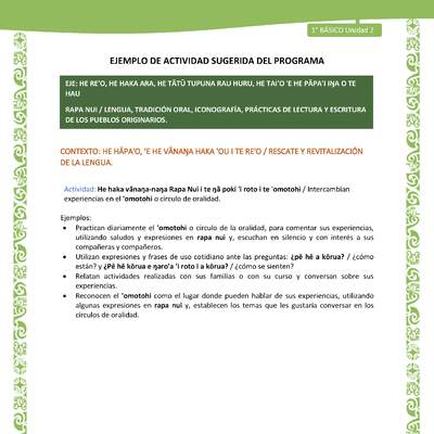 Actividad sugerida LC01 - Rapa Nui - U2 - N°22: Intercambian experiencias en el 'omotohi o círculo de oralidad.