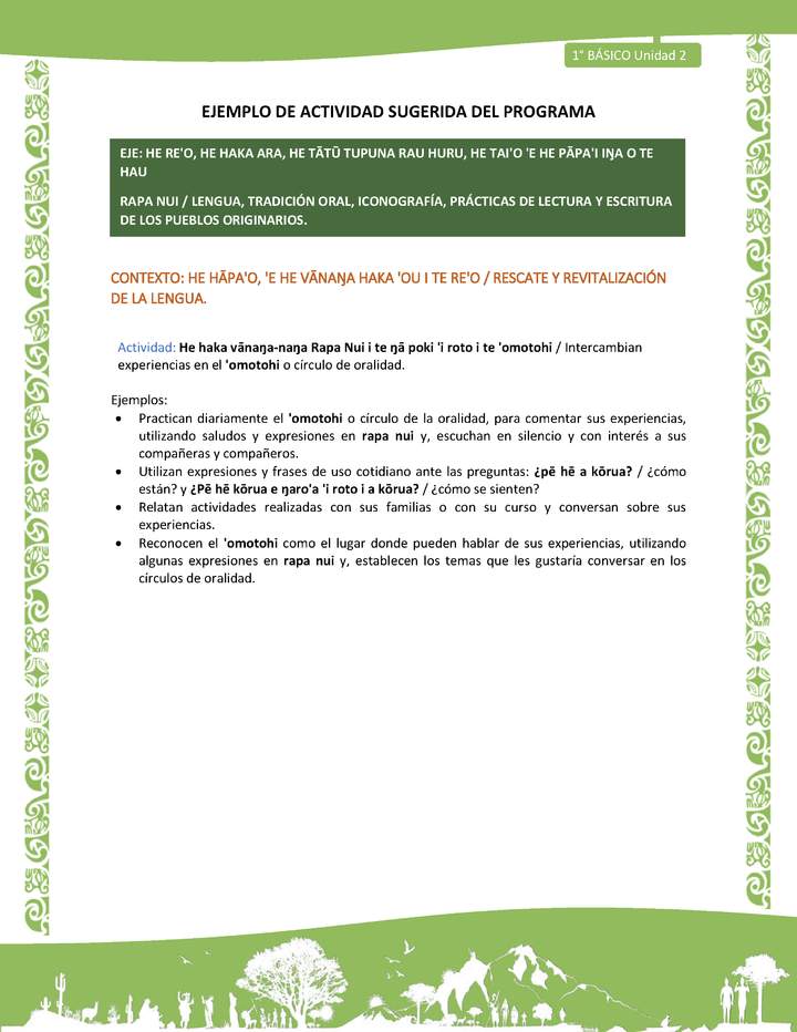 Actividad sugerida LC01 - Rapa Nui - U2 - N°22: Intercambian experiencias en el 'omotohi o círculo de oralidad.