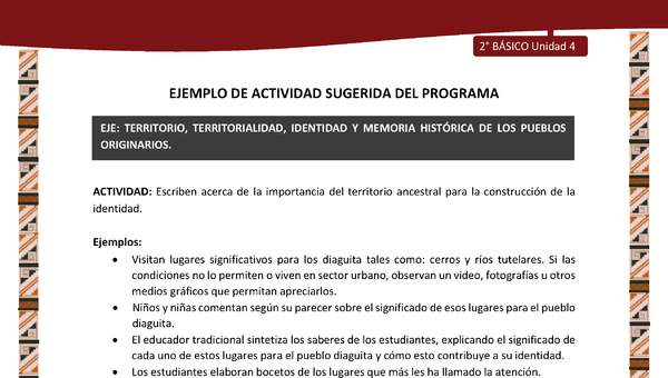 Actividad sugerida: LC02 - Diaguita - U4 - N°4:  ESCRIBEN ACERCA DE LA IMPORTANCIA DEL TERRITORIO ANCESTRAL PARA LA CONSTRUCCIÓN DE LA IDENTIDAD.