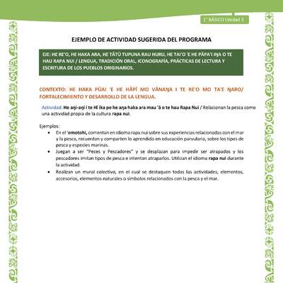 Actividad sugerida LC01 - Rapa Nui - U3 - N°50: Relacionan la pesca como una actividad propia de la cultura rapa nui.