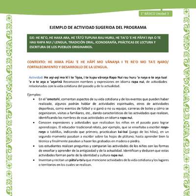 Actividad sugerida LC01 - Rapa Nui - U3 - N°53: Reconocen nombres y expresiones en idioma rapa nui, de actividades relacionadas con la vida cotidiana del pasado y de la actualidad.