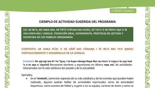 Actividad sugerida LC01 - Rapa Nui - U3 - N°53: Reconocen nombres y expresiones en idioma rapa nui, de actividades relacionadas con la vida cotidiana del pasado y de la actualidad.