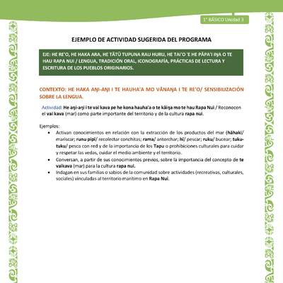 Actividad sugerida LC01 - Rapa Nui - U3 - N°43: Reconocen el vai kava (mar) como parte importante del territorio y de la cultura rapa nui.