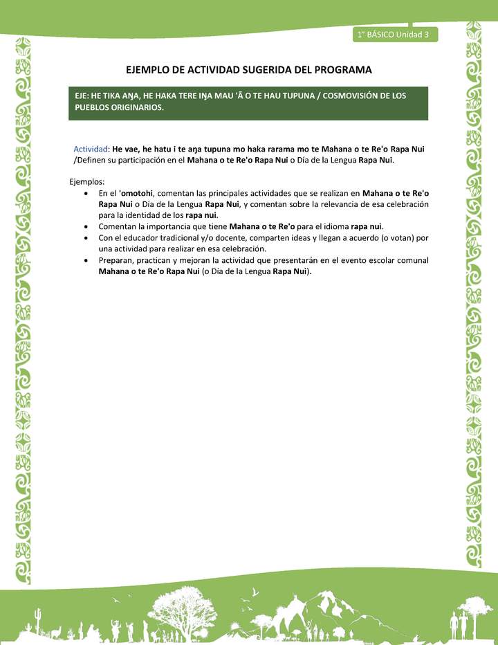 Actividad sugerida LC01 - Rapa Nui - U3 - N°58: Definen su participación en el Mahana o te Re'o Rapa Nui o Día de la Lengua Rapa Nui.