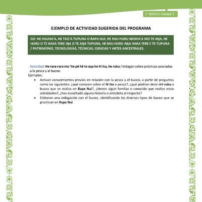 Actividad sugerida LC01 - Rapa Nui - U3 - N°62: Indagan sobre prácticas asociadas a la pesca y al buceo.