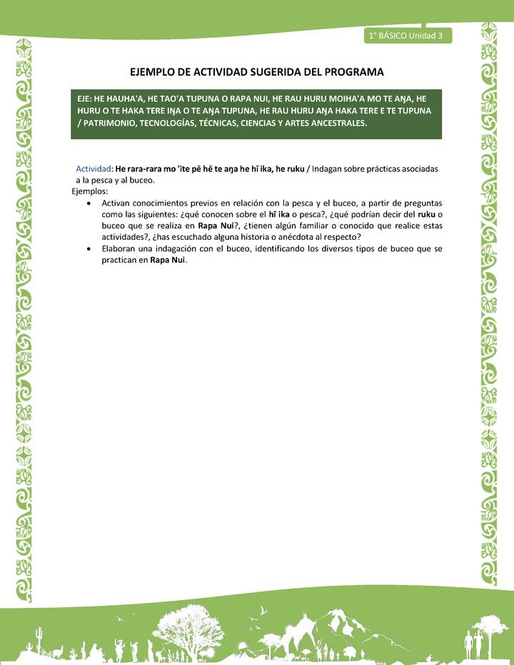 Actividad sugerida LC01 - Rapa Nui - U3 - N°62: Indagan sobre prácticas asociadas a la pesca y al buceo.