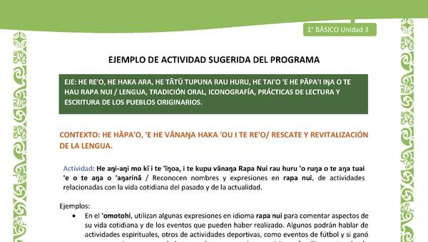 Actividad sugerida LC01 - Rapa Nui - U3 - N°48: Reconocen nombres y expresiones en rapa nui, de actividades relacionadas con la vida cotidiana del pasado y de la actualidad.