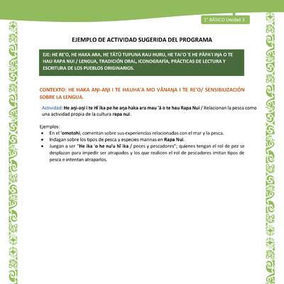 Actividad sugerida LC01 - Rapa Nui - U3 - N°42: Relacionan la pesca como una actividad propia de la cultura rapa nui.