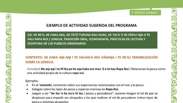 Actividad sugerida LC01 - Rapa Nui - U3 - N°42: Relacionan la pesca como una actividad propia de la cultura rapa nui.