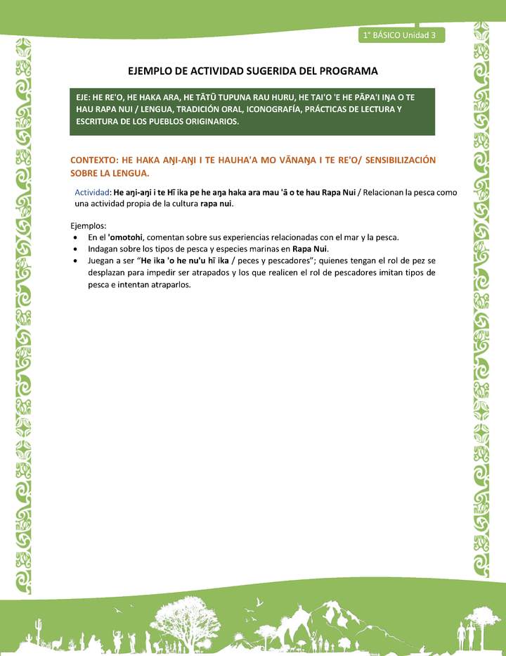 Actividad sugerida LC01 - Rapa Nui - U3 - N°42: Relacionan la pesca como una actividad propia de la cultura rapa nui.