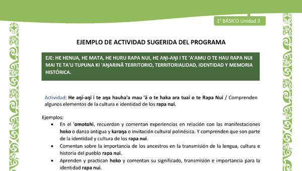 Actividad sugerida LC01 - Rapa Nui - U3 - N°55: Comprenden algunos elementos de la cultura e identidad de los rapa nui.