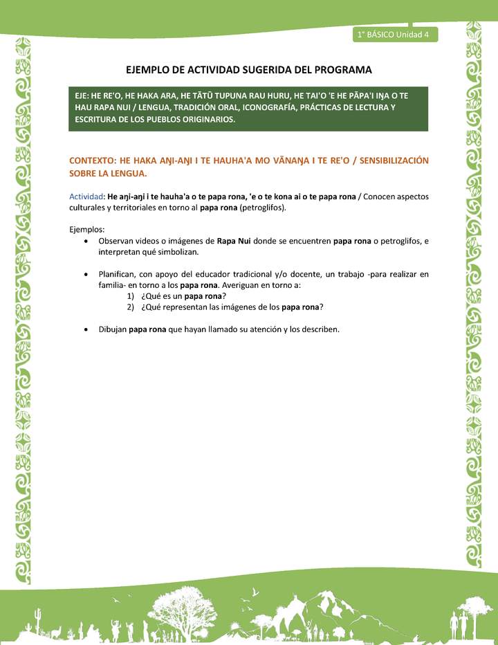 Actividad sugerida LC01 - Rapa Nui - U4 - N°68: Conocen aspectos culturales y territoriales en torno al papa rona (petroglifos).