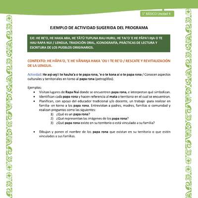 Actividad sugerida LC01 - Rapa Nui - U4 - N°72: Conocen aspectos culturales y territoriales en torno al papa rona (petroglifos).