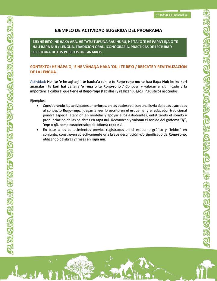 Actividad sugerida LC01 - Rapa Nui - U4 - N°70: Conocen y valoran el significado y la importancia cultural que tiene el Roŋo-roŋo (tablillas) y realizan juegos lingüísticos asociados.