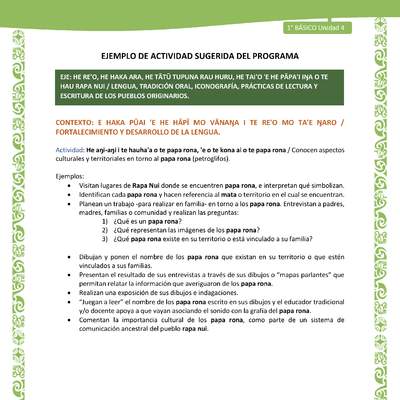 Actividad sugerida LC01 - Rapa Nui - U4 - N°78: Conocen aspectos culturales y territoriales en torno al papa rona (petroglifos).