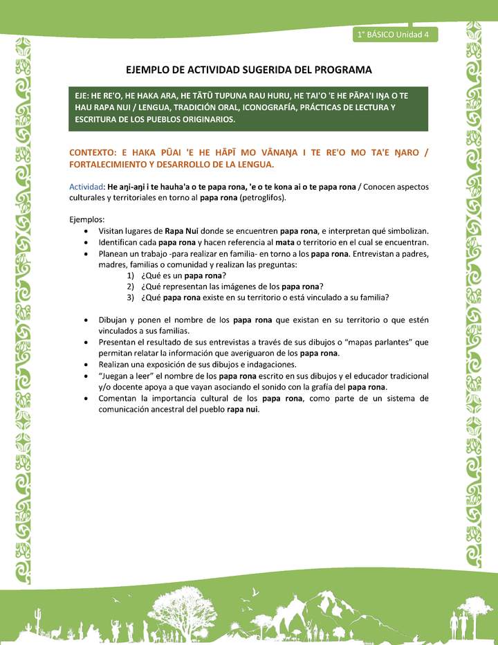 Actividad sugerida LC01 - Rapa Nui - U4 - N°78: Conocen aspectos culturales y territoriales en torno al papa rona (petroglifos).