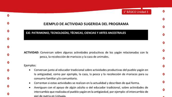 Actividad sugerida Nº 5- LC01 - YAG-U3-EP - Conversan sobre algunas actividades productivas de los yagán relacionadas con la pesca, la recolección de mariscos y la caza de animales