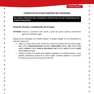 Actividad sugerida Nº 2- LC01 - YAG-U4-LR - Realizan la asociación entre sonido y grafía de algunas palabras culturalmente significativas del léxico yagán