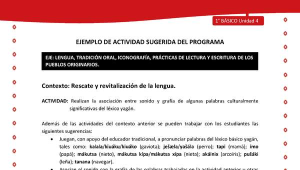 Actividad sugerida Nº 2- LC01 - YAG-U4-LR - Realizan la asociación entre sonido y grafía de algunas palabras culturalmente significativas del léxico yagán