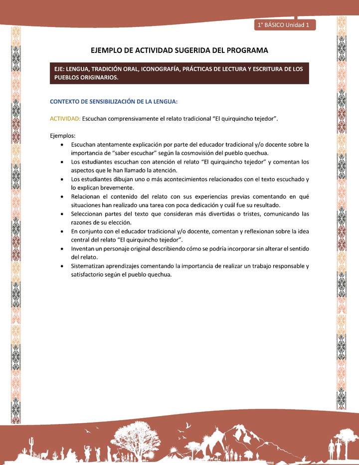 Actividad sugerida LC01 - Quechua - U1 - N°01: Escuchan comprensivamente el relato tradicional “El quirquincho tejedor”.