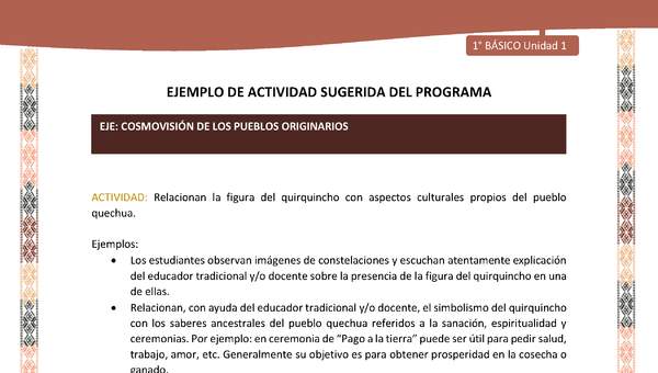 Actividad sugerida LC01 - Quechua - U1 - N°12: Relacionan la figura del quirquincho con aspectos culturales propios del pueblo quechua.