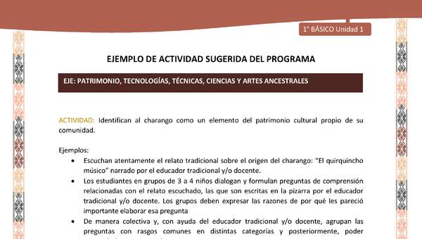 Actividad sugerida LC01 - Quechua - U1 - N°14: Identifican al charango como un elemento del patrimonio cultural propio de su comunidad.