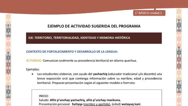 Actividad sugerida LC01 - Quechua - U1 - N°11: Comunican oralmente su procedencia territorial en idioma quechua.