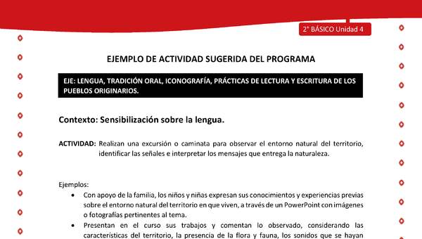 Actividad sugerida Nº 1 - LC02 - YAG-U4-LS - Realizan una excursión o caminata para observar el entorno natural del territorio, identificar las señales e interpretar los mensajes que entrega la naturaleza