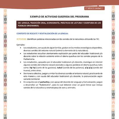 Actividad sugerida LC01 - Quechua - U2 - N°22: Identifican palabras relacionadas con los sonidos de la naturaleza utilizando las TIC.