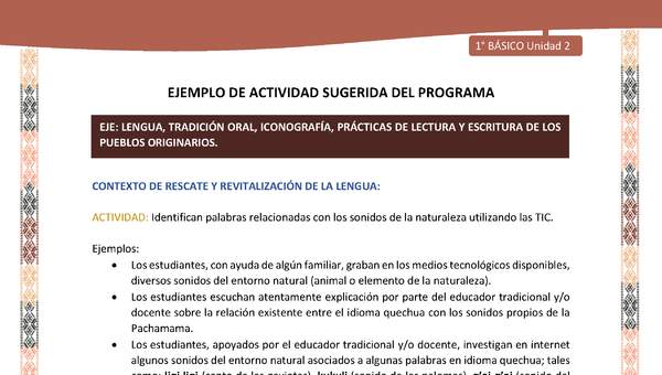 Actividad sugerida LC01 - Quechua - U2 - N°22: Identifican palabras relacionadas con los sonidos de la naturaleza utilizando las TIC.