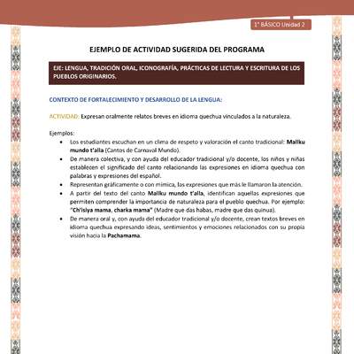 Actividad sugerida LC01 - Quechua - U2 - N°26: Expresan oralmente relatos breves en idioma quechua vinculados a la naturaleza.